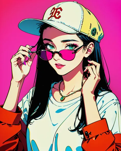 Best quality,masterpiece,ultra high res,1girl,solo,hat,jewelry,green eyes,ring,long hair,black hair,sunglasses,necklace,chromatic aberration,baseball cap,pink background,white shirt,shirt,looking at viewer,upper body,backwards hat,long sleeves,nail polish,bracelet,collarbone,closed mouth,holding,white headwear,makeup,looking over eyewear,
<lora:vaporwave2:0.7>,