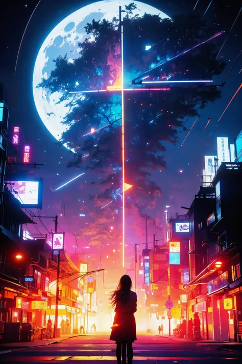 Best quality,masterpiece,ultra high res,<lora:vaporwave:0.7>,
silhouette,sky,star (sky),scenery,moon,starry sky,shooting star,no humans,outdoors,building,night,city,cityscape,sunset,1girl,