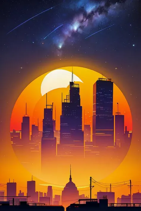 Best quality,masterpiece,ultra high res,<lora:vaporwave:0.7>,
silhouette,sky,star (sky),scenery,moon,starry sky,shooting star,no humans,outdoors,building,night,city,cityscape,sunset,