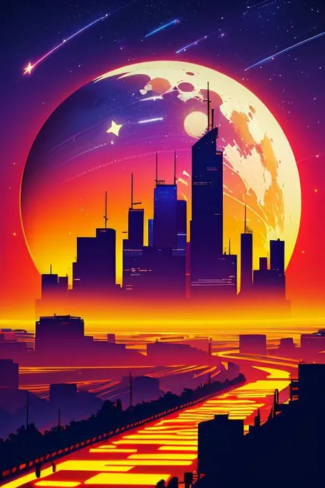 Best quality,masterpiece,ultra high res,<lora:vaporwave:0.7>,
silhouette,sky,star (sky),scenery,moon,starry sky,shooting star,no humans,outdoors,building,night,city,cityscape,sunset,