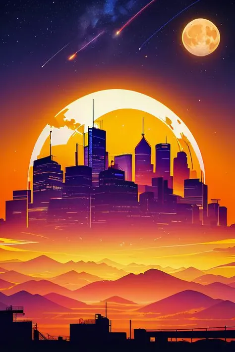 Best quality,masterpiece,ultra high res,<lora:vaporwave:0.7>,
silhouette,sky,star (sky),scenery,moon,starry sky,shooting star,no humans,outdoors,building,night,city,cityscape,sunset,