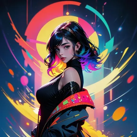 Best quality,masterpiece,ultra high res,<lora:vaporwave:0.99>,
1girl,solo,blue hair,hairband,looking at viewer,jacket,breasts,off shoulder,bangs,upper body,short hair,black jacket,from side,multicolored eyes,open jacket,open clothes,medium breasts,turtleneck,multicolored background,closed mouth,long sleeves,