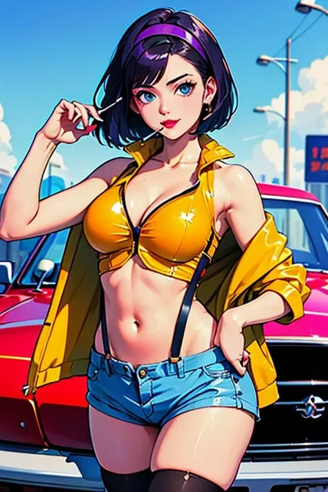 Best quality,masterpiece,ultra high res,<lora:vaporwave:0.7>,
1girl, solo, breasts, shorts, hairband, navel, suspenders, short hair, blue eyes, thighhighs, cleavage, purple hair, midriff, lipstick, short shorts, makeup, yellow shorts, motor vehicle, red jacket, cigarette, black hair, medium breasts, looking at viewer, crop top