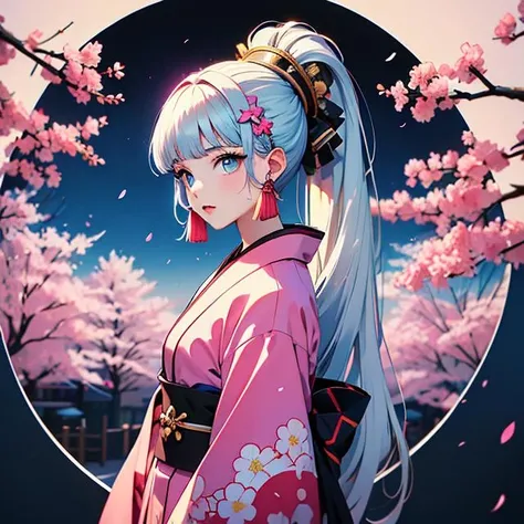 Best quality,masterpiece,ultra high res,<lora:vaporwave:0.7>,
1girl, kamisato ayaka, solo, japanese clothes, kimono, ponytail, blue eyes, bangs, looking at viewer, long hair, blunt bangs, cherry blossoms, white hair, pink kimono, hair ornament, from side, petals, sash, obi, sidelocks, hair ribbon, alternate costume, closed mouth, ribbon, upper body, long sleeves, floral print, mole under eye, mole