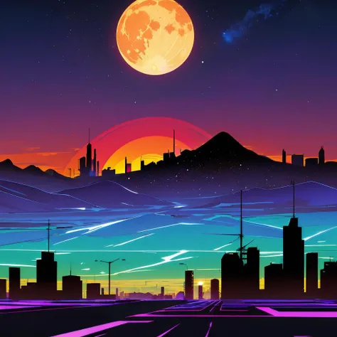 Best quality,masterpiece,ultra high res,silhouette,sky,star (sky),scenery,moon,starry sky,shooting star,no humans,outdoors,building,night,city,cityscape,sunset,
<lora:vaporwave2:0.7>,