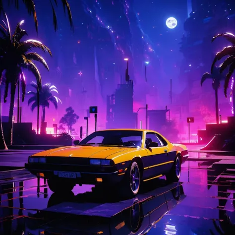 Best quality,masterpiece,ultra high res,car,tree,ground vehicle,palm tree,motor vehicle,no humans,star (sky),vehicle focus,outdoors,sky,water,night,purple sky,starry sky,moon,night sky,scenery,ocean,
<lora:vaporwave2:1>,