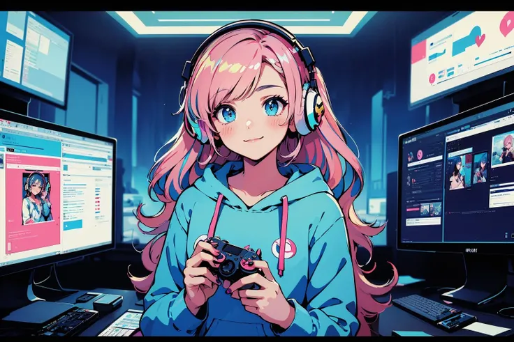 Best quality,masterpiece,ultra high res,1girl,solo,multicolored hair,hair ornament,smile,pink hair,looking at viewer,blue nails,blush,blue hair,blue eyes,hood,holding,hoodie,bangs,nail polish,closed mouth,upper body,long sleeves,controller,headphones,game controller,heart,blue hoodie,letterboxed,cloud,streaked hair,x hair ornament,monitor,hair intakes,medium hair,
<lora:vaporwave2:0.7>,