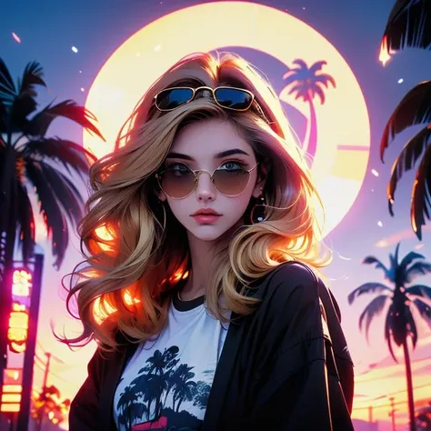 Best quality,masterpiece,ultra high res,<lora:vaporwave:0.8>,
1girl, sunglasses, solo, blue eyes, eyewear on head, palm tree, tree, blonde hair, long hair, looking at viewer, jacket, upper body, sky, bright pupils, black jacket, outdoors, closed mouth, shirt