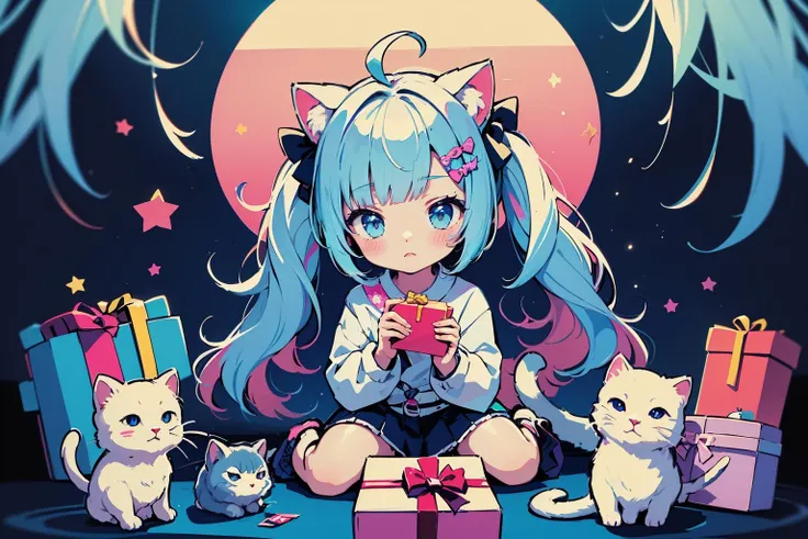 Best quality,masterpiece,ultra high res,1girl, animal ears, cat ears, blue eyes, blue hair, solo, long hair, bow, hair bow, chibi, ahoge, black bow, long sleeves, holding, white skirt, cat girl, skirt, virtual youtuber, bangs, multicolored hair, cat tail, hair ornament, tail, cat, twintails, hairclip, kneeling, looking at viewer, gift, very long hair, pleated skirt, pink hair, animal ear fluff, jacket, box, blush, animal, holding animal, white cat, white jacket, streaked hair, gift box
<lora:vaporwave2:0.7>,