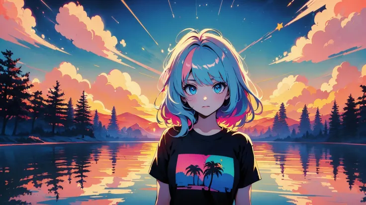 Best quality,masterpiece,ultra high res,1girl,solo,palm tree,looking at viewer,long hair,multicolored hair,tree,sky,pink hair,upper body,shirt,cloud,blue eyes,short sleeves,outdoors,closed mouth,bangs,sunset,cityscape,white hair,night,streaked hair,multicolored eyes,breasts,star (sky),
<lora:vaporwave2:0.7>,