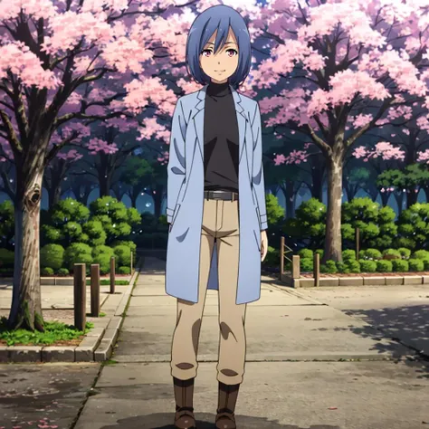 masterpiece,highres,high quality,extremely detailed,solo,
<lora:MainaYatomika001:0.7>,
MainaYatomika,1girl,
(blue coat:1.2),turtleneck shirt,
belt,pants,
boots,
full body,smile,closed mouth,
hanami,