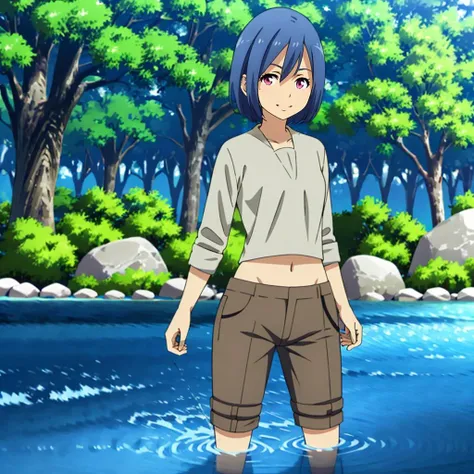 masterpiece,highres,high quality,extremely detailed,solo,
<lora:MainaYatomika001:0.7>,
MainaYatomika,1girl,
shirt,midriff,pants,
smile,river,wading,