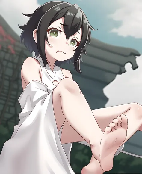 barefoot, Maya Pandemonium; fanart; from below, white jacket, japanese clothes, bare shoulder,
1girl, solo, white dress, hair between eyes, black hair,
blurry background, sky, looking at viewer, blurry, outdoor