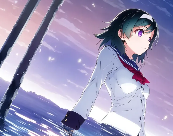 TokitoAkari; light novel; 1girl, solo,  short hair,   beautiful purple eyes, school uniform, serafuku, light spot, flat color,  water color, fragments, from below, time, beautiful eyes, winig,
hairband, black hair, upper body, long sleeves, on side, dark night, looking  away,