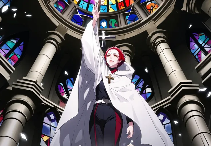 (Flare:1.2); light novel;
solo, 1girl, 
smile, pants, cloak, short hair, white cape, red hair
At the center, a solemn crucifix stood tall, cross
Sunlight poured through the magnificent stained glass windows,