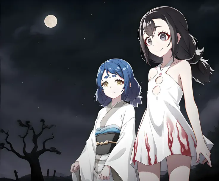 ManonLibelle; Pandemonium; fanart; multiple girls, 2girls, outdoors, long hair, tree, scenery, graveyard, tombstone, dark, sky, night, grave, bare tree
BREAK
ManonLibelle; 1girl , japanese clothes, blue hair, upper body, hand
BREAK
Pandemonium; 2girls, white dress, black hair, upper body, water color, smile