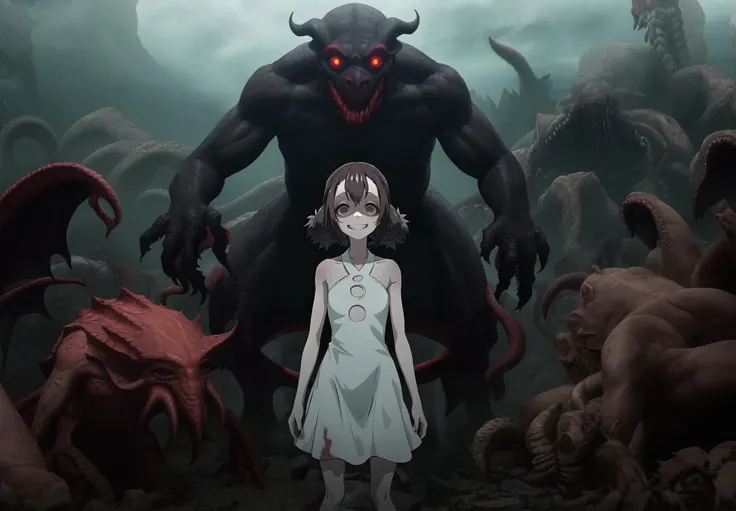 (Pandemonium1.2); fanart; white dress, solo, 1girl , black hair, in the middle, girl, cowboy shot, grey eyes,
white dress, Cthulhu, bare shoulders, looking at viewer, smiling,
a lot of monsters, post-apocalypse,
branch,dark,
an unsettling gathering of monstrous creatures had convened.
A cacophony of growls, hisses, and roars filled the air, creating an unsettling symphony of malevolence. BREAK
Gigantic beasts with scales, and menacing claws loomed over the landscape.