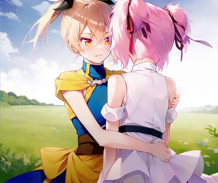 Menou; Momo; colorful light novel; hand on shoulder, 
multiple girls, 2girls, magical girl, ponytail, sleeveless, hair ribbon, hair bow, dress, scrunchie, bare shoulders, hug, bow, ribbon, very long hair, long hair, twintails, detached sleeves, hand on another's head, hand on shoulder
outdoors, intricate details, on road, blurry background
ADDBASE
Menou; 2girls, yuri, hugging, belt 
ADDCOL
Momo; 2girls, yuri, from behind, pink hair, twintails, red ribbon
<lyco:shokeishojo28642_convP01_linearP045:1.0>