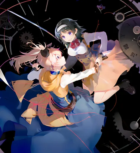 (((Menou:1.1); TokitoAkari; fanart; 2girls, multiple girls, yuri)), white school uniform, orange dress, 
intricate symphony of gears and clocks, a labyrinth of interlocking gears, spinning and meshing,
black hair, string, hair ribbon, bow, gears, bowtie, holding knife,  holding weapon, 
red bow, black belt, weapon, sleeveless dress, string of fate, hair ornament, lying, blue dress, ribbon, sleeveless, clock, holding knife, from above, book, long dress,  dagger, ponytail, blonde hair, hairband, black ribbon, dress, cape, holding, turtleneck dress, turtleneck, belt, holding dagger, underbust, long sleeves, orange dress
 <lyco:shokeishojo28642_convP01_linearP045:1.0>