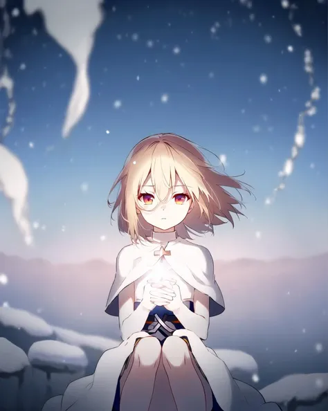 Menou child;   1girl, solo, white capelet,  hair between eyes,  blonde hair, expressionless, snow, sitting, huddle, white, knees up,  clasp knees, hand on knees, all white,
blurry background, sky, looking at viewer, bangs, short hair,  blurry, white cape,  outdoors
 <lyco:shokeishojo28642_convP01_linearP045:1.0>