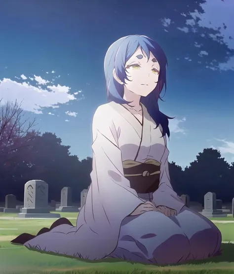 (ManonLibelle:1.2); aniscreen; 1girl, solo, thick eyebrows, bare tree, sitting on ground, seiza,
 cloud,  tree, sky, long hair, tombstone, anime coloring, outdoors, graveyard, blue hair, night, white kimono, white japanese clothes,
 <lyco:shokeishojo28642_convP01_linearP045:1.0>