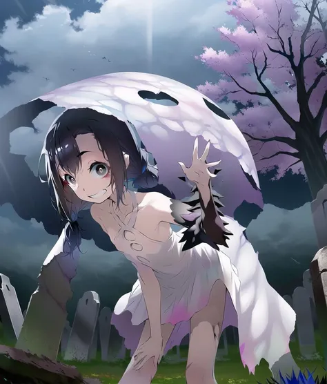 (Pandemonium:1.1); aniscreen; 1girl, solo, standing, reaching out, white dress, black hair, bent over, , grin,
bare tree, cloud, tree, sky, tombstone, anime coloring, outdoors, graveyard, blue hair, night,
<lyco:shokeishojo28642_convP01_linearP045:1.0>