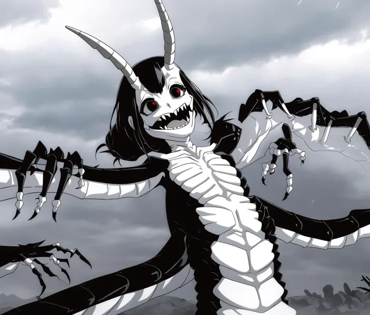 ((Centipede Monster)); light novel; 1girl, solo, monochrome, greyscale, long hair, no humans, sclera, horns, sky, sharp teeth, open mouth, black hair, cloud, teeth, monsters , giant monster