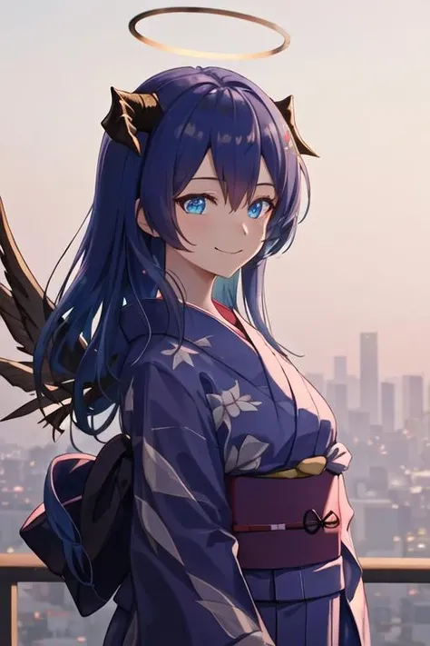 best quality, masterpiece, highres, solo, {yukata:1.40}, {kimono:1.20}, {mostima_arknights:1.15}, blue_hair, long_hair, horns, blue_eyes, halo, demon_horns, bangs, smile, upper_body, closed_mouth, wings, hair_between_eyes