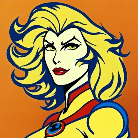 CheetaraQuiron character, solo, long hair, blonde hair, yellow eyes, parted lips, profile, makeup, blue background, parody, lipstick, style parody, facepaint,<lora:SDXL1.0_quiron_Cheetara_v4p_Lora:1>