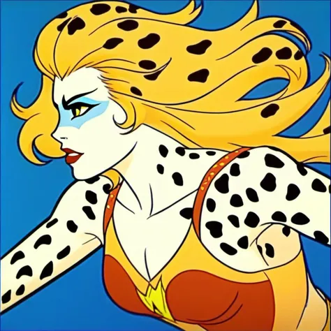 CheetaraQuiron character, solo, long hair, blonde hair, yellow eyes, parted lips, profile, makeup, blue background, parody, lipstick, style parody, facepaint,<lora:SDXL1.0_quiron_Cheetara_v4p_Lora:1>