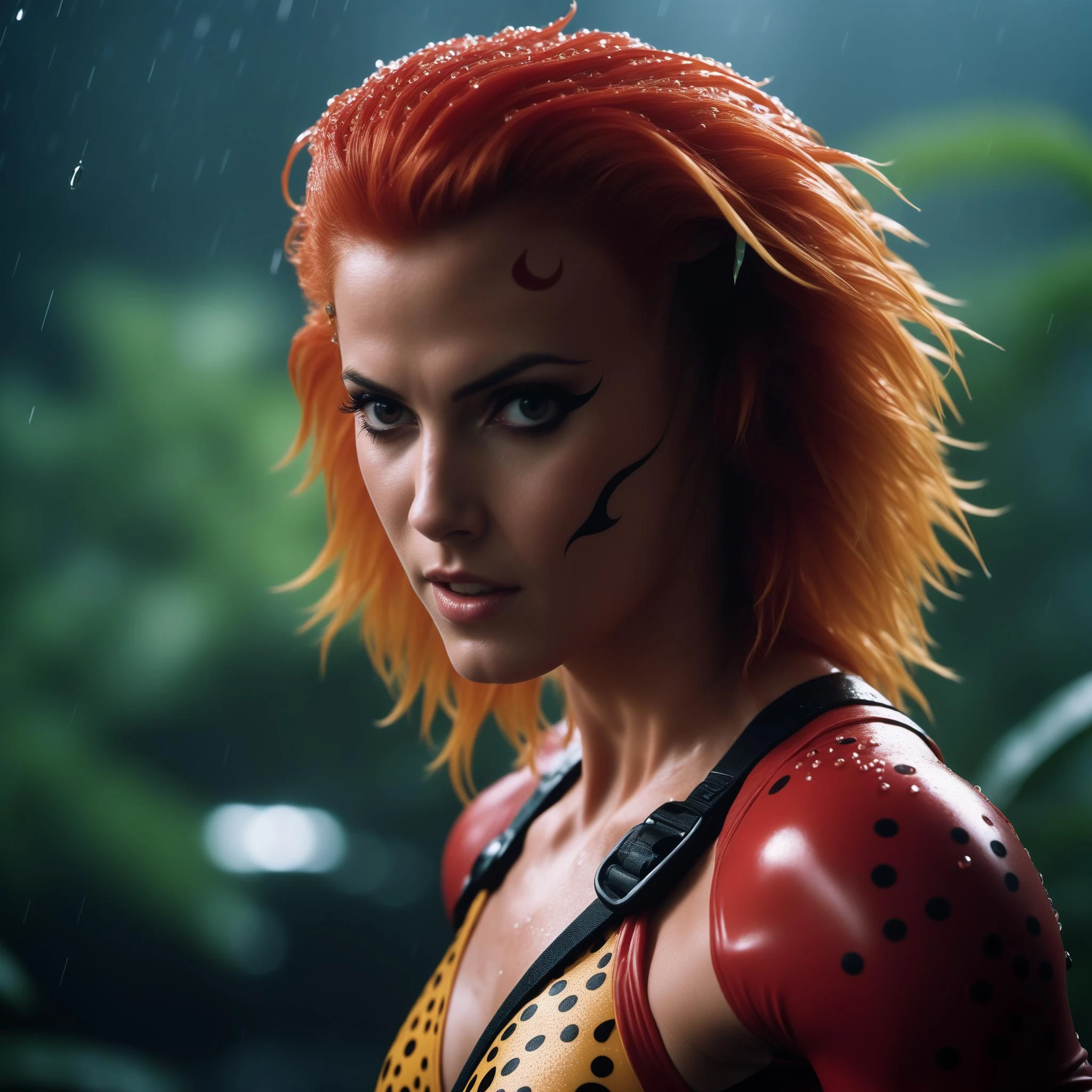 cinematic photo,
CheetaraQuiron character, in the rain, messy (wet:0.7) hair, intense expression, piercing gaze, (glistening wet skin:0.9), athletic pose, (nikon f4, 50mm f1.2, Fujichrome Velvia 50, bokeh), (ominous jungle , ambient light, volumetric light, god rays:1.2), medium breasts, wearing (wet:0.8)
35mm photograph, film, bokeh, professional, 4k, highly detailed,
<lora:SDXL1.0_quiron_Cheetara_v4p_Lora:1>