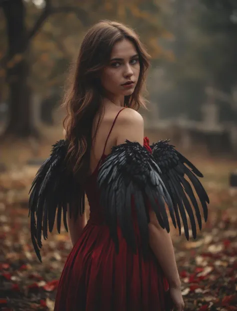 a beautiful young girl in blood red dress, an angel, black feather wings, horror, 20 years old, fair skin, slender body, mystical, grave yard, beautiful and aesthetic, atmospheric haze, cinematic film still, shallow depth of field, highly detailed, moody, epic, photorealistic, natural, shallow dof, sparkle ray, flower bed, gentle gaze, cleavage, low light, muted color,
