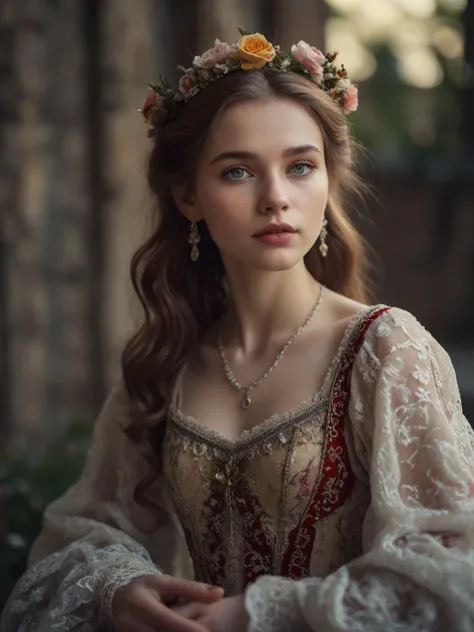 a beautiful young princess in medieval dress, 20 years old, fair skin, slender body, colorful wedding lace dress, mystical, church, beautiful and aesthetic, atmospheric haze, cinematic film still, shallow depth of field, highly detailed, moody, epic, photorealistic, natural light, shallow dof, sparkle, flower bed, gentle gaze, lying,