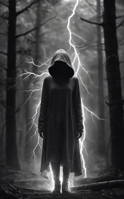 cinematic film still charcoal sketch,lightning storm,a hooded woman in the deep woods,Ultra-HD-details,Full Body Photograph,Full Body Portrait,Full Body Visible,From a Distance,. shallow depth of field,vignette,highly detailed,high budget,bokeh,cinemascope,moody,epic,gorgeous,film grain,grainy,Ultra-HD-details