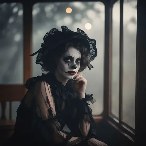 A place with a morbid look that resembles a funeral, (foggy:1.2), silhouetted in soft shadow (full body photograph:1.2) (Salomie clown outfit:1.3) (beautiful supermodel:1.1) resting her head on her hands detailed background bokeh