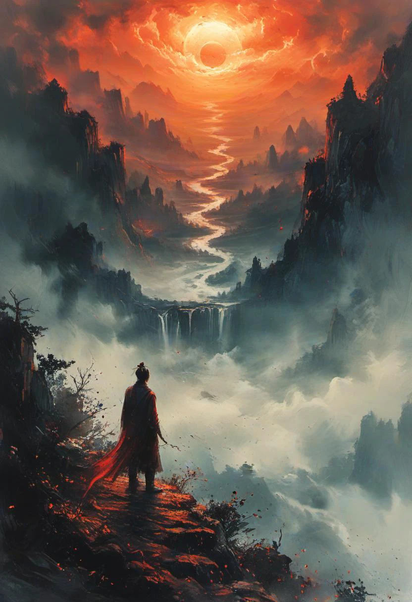 Abstract style human dragon hybrid, human head, dragon scale skin, dragon eyes, male focus, full body, standing, standing on an outcropping overlooking an alien landscape at a setting sun, rim lighting, style of Anato Finnstark, by alena aenami, <lora:MO-80-2:0.8>, ananmo, official art, . Non-representational, colors and shapes, expression of feelings, imaginative, highly detailed