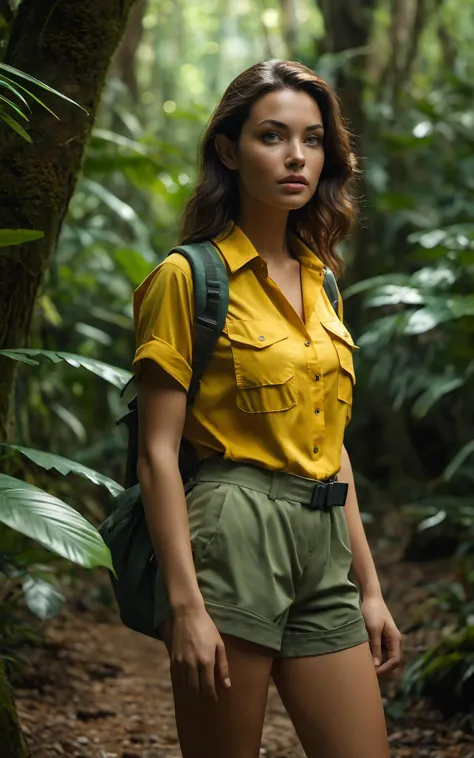 Lush rainforest expedition,25yo woman,brunette hair,yellow hiking shirt,micro shorts,khaki shorts,dense rainforest,midday,4k,adventurous trek,green foliage,natural explorer,high-quality jungle scene,vibrant ecosystem,high-definition,exotic,serene nature,clear lighting,wild and untouched,adventurous,refreshing.,cinematic film still of masterpiece,Hyperrealistic art cinematic film still photography in the style of detailed hyperrealism photoshoot, Hyperrealistic art cinematic film still photography in the style of detailed hyperrealism photoshoot,RAW,color graded portra 400 film,remarkable color,realistic dull skin noise,Thorough,analog style,highest quality,skin pores,sharp focus,dappled lighting,film grain,photographed on a Sony A7R IV,18mm F/1.7 cine lens,(highly detailed, intricately detailed),8k,HDR,