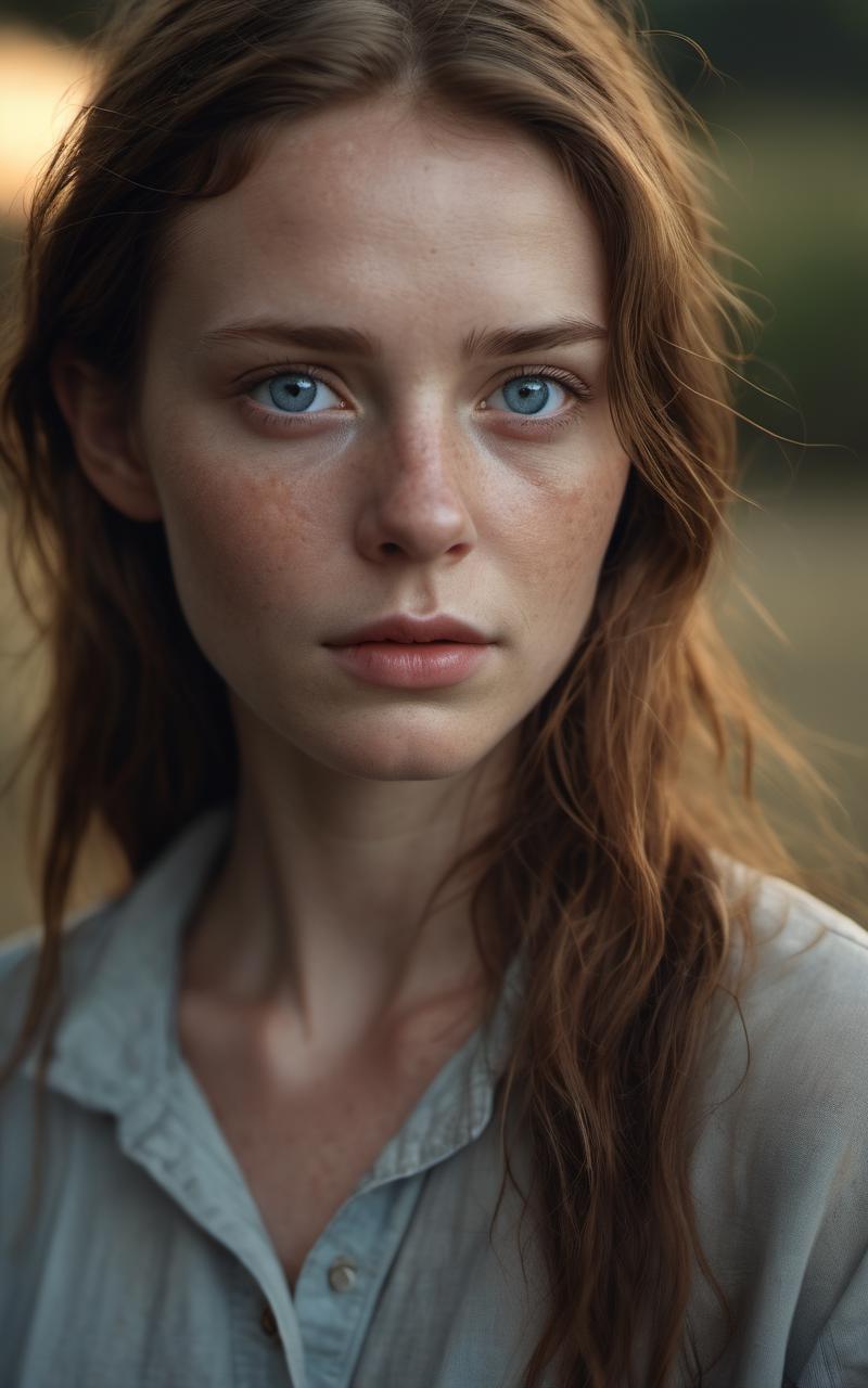 A woman with long hair and blue eyes looks at the camera - SeaArt AI
