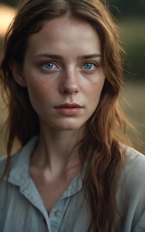 cinematic film still 25 year old farm girl,no make up,plain,photograph,highly detailed face,depth of field,moody light,golden hour,style by Dan Winters,Russell James,Steve McCurry,centered,extremely detailed,Nikon D850,award winning photography,focus on face,pale blue eyes,lightly freckled,soft eyes,natural skin,high detailed face,high detailed cloth,(pale skin:1.2),glossy photo,Hyperrealistic art cinematic film still photography in the style of detailed hyperrealism photoshoot,RAW,color graded portra 400 film,remarkable color,realistic dull skin noise,Thorough,analog style,highest quality,skin pores,sharp focus,dappled lighting,film grain,photographed on a Sony A7R IV,18mm F/1.7 cine lens,(highly detailed, intricately detailed),8k,HDR,. shallow depth of field,vignette,highly detailed,high budget,bokeh,cinemascope,moody,epic,gorgeous,film grain,grainy