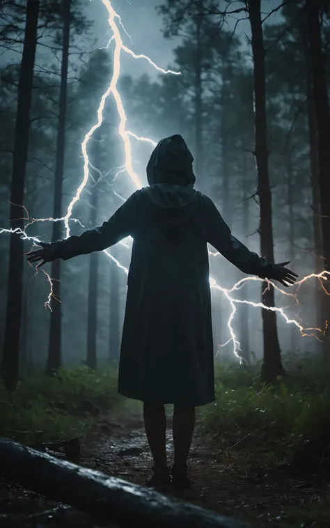 cinematic film still,lightning storm,a hooded woman in the deep woods,arms lifted up,lightning bolts originating from hands to the sky,Ultra-HD-details,Full Body Photograph,Full Body Portrait,Full Body Visible,From a Distance,static electrical arcs around body,detailed face, Hyperrealistic art cinematic film still photography in the style of detailed hyperrealism photoshoot,RAW,color graded portra 400 film,remarkable color,realistic dull skin noise,Thorough,analog style,highest quality,skin pores,sharp focus,dappled lighting,film grain,photographed on a Sony A7R IV,18mm F/1.7 cine lens,(highly detailed, intricately detailed),8k,HDR,