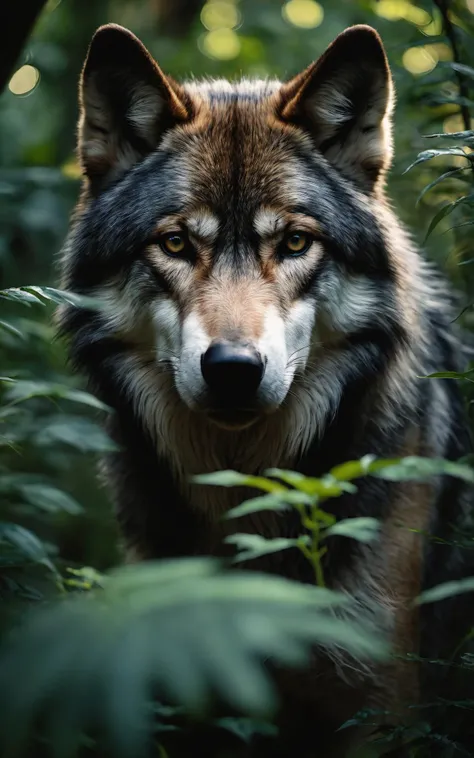 nature shot with wide shot of a dark jungle scene,face of a timber-wolf hiding between the bushes,hunting,nightfall,dimmly lit,intense gaze,tension,perfect composition,masterpiece,best quality,greenery,natural light,fresh,vivid contrast,vivid color,Hyperrealistic art cinematic film still photography in the style of detailed hyperrealism photoshoot, Hyperrealistic art cinematic film still photography in the style of detailed hyperrealism photoshoot,RAW,color graded portra 400 film,remarkable color,realistic dull skin noise,Thorough,analog style,highest quality,skin pores,sharp focus,dappled lighting,film grain,photographed on a Sony A7R IV,18mm F/1.7 cine lens,(highly detailed, intricately detailed),8k,HDR,