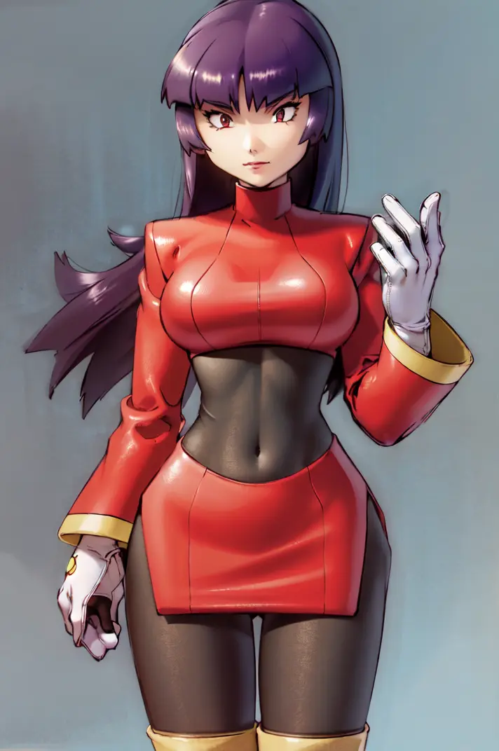 (masterpiece, best quality:1.2), 1girl, solo, sabrina, pokemon, long hair, purple hair, blunt bangs, red eyes, red sweater dress,(white gloves:1.2), black sash, (black leggings:1.1), (bodysuit:1.1), pantyhose, large breasts, knee boots, simple background <lora:SABRINA-15:0.9> <lora:kenSugimori1990sClassic_v12:0.8>