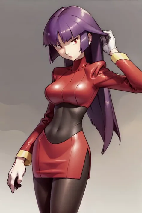 (masterpiece, best quality:1.2), 1girl, solo, sabrina, pokemon, long hair, purple hair, blunt bangs, red eyes, red sweater dress,(white gloves:1.2), black sash, (black leggings:1.1), (bodysuit:1.1), pantyhose, large breasts, knee boots, simple background <lora:SABRINA-15:0.9> <lora:kenSugimori1990sClassic_v12:0.8>