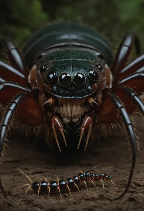 point-of-view, perspective, Giant horrific centipede with poisonous fangs attacks the camera, Scolopendra, mosquito-tarantula cinematic, dramatic, sinister, monstruous,((( centered tiny humanoid figure confronting the monster in the middle by stretching the hang forward))), wide scene, centipede, dozens of legs on one long centipede body, one tail, giant insect, dripping poison, (pair of symmetric blade-fangs, each located on side of the head behind the eyes:1.2), cinematic, reallifelike, evil, mantis head, hairy, titan , gigantic, glowing-eyes:1.4, (((bloody three-heads with maw on worm-neck))), thorns, pair of claws, (standing on two back-legs:1.2))