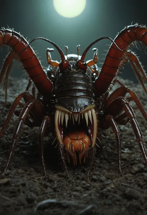point-of-view, perspective, Giant horrific centipede with poisonous fangs attacks the camera, Scolopendra, mosquito-tarantula cinematic, dramatic, sinister, monstruous,((( centered tiny humanoid figure confronting the monster in the middle by stretching the hang forward))), wide scene, centipede, dozens of legs on one long centipede body, one tail, giant insect, dripping poison, (pair of symmetric blade-fangs, each located on side of the head behind the eyes:1.2), cinematic, reallifelike, evil, mantis head, hairy, titan , gigantic, glowing-eyes:1.4, (((bloody three-heads with maw on worm-neck))), thorns, pair of claws, (standing on two back-legs:1.2))
