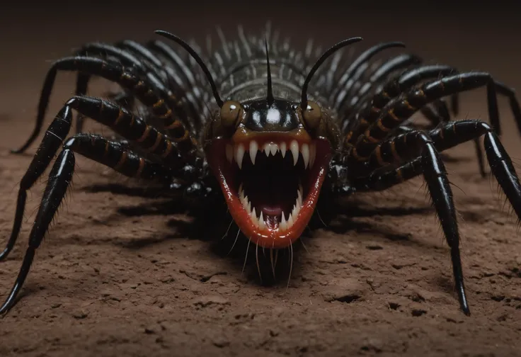 point-of-view, perspective, Giant horrific centipede with poisonous fangs attacks the camera, Scolopendra, cinematic, dramatic, sinister, monstruous,((( centered tiny humanoid figure confronting the monster in the middle by stretching the hang forward))), wide scene, centipede, dozens of legs on one long centipede body, one tail, giant insect, dripping poison, (pair of symmetric blade-fangs, each located on side of the head behind the eyes:1.2), cinematic, reallifelike, evil, mantis head,