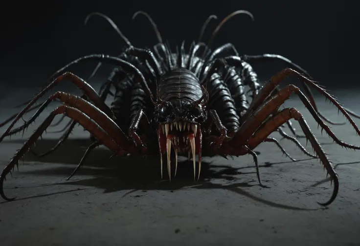 point-of-view, perspective, Giant horrific centipede with poisonous fangs attacks the camera, Scolopendra, beetle-tarantula cinematic, dramatic, sinister, monstruous,((( centered tiny humanoid figure confronting the monster in the middle by stretching the hang forward))), wide scene, centipede, dozens of legs on one long centipede body, one tail, giant insect, dripping poison, (pair of symmetric blade-fangs, each located on side of the head behind the eyes:1.2), cinematic, reallifelike, evil, mantis head, hairy, titan , gigantic,