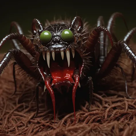 point-of-view, perspective, Giant horrific centipede with poisonous fangs attacks the camera, Scolopendra, mosquito-tarantula cinematic, dramatic, sinister, monstruous,((( centered tiny humanoid figure confronting the monster in the middle by stretching the hang forward))), wide scene, centipede, dozens of legs on one long centipede body, one tail, giant insect, dripping poison, (pair of symmetric blade-fangs, each located on side of the head behind the eyes:1.2), cinematic, reallifelike, evil, mantis head, hairy, titan , gigantic, glowing-eyes:1.4, (((bloody three-heads with maw on worm-neck))), thorns, pair of claws, (standing on two back-legs:1.2))