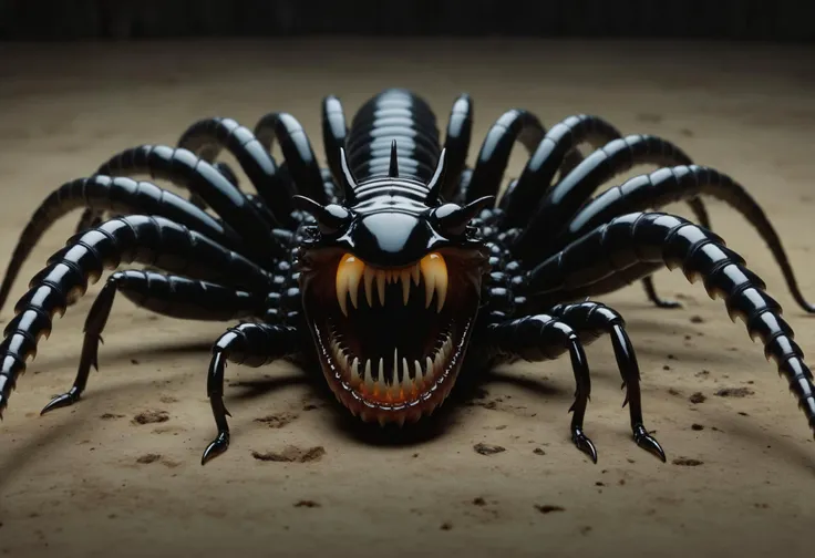 point-of-view, perspective, Giant horrific centipede with poisonous fangs attacks the camera, Scolopendra, beetle-tarantula cinematic, dramatic, sinister, monstruous,((( centered tiny humanoid figure confronting the monster in the middle by stretching the hang forward))), wide scene, centipede, dozens of legs on one long centipede body, one tail, giant insect, dripping poison, (pair of symmetric blade-fangs, each located on side of the head behind the eyes:1.2), cinematic, reallifelike, evil, mantis head, hairy, titan , gigantic, glowing-eyes:1.4,