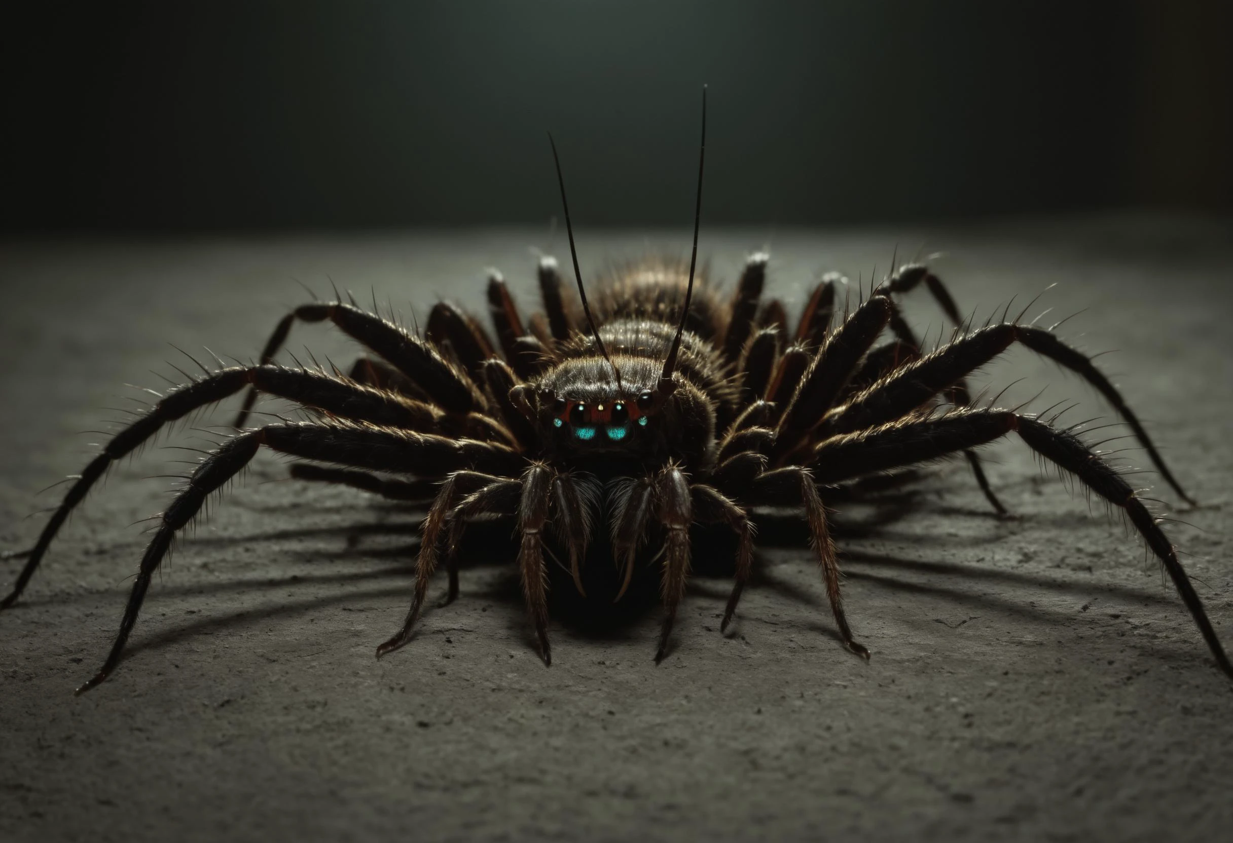 point-of-view, perspective, Giant horrific centipede with poisonous fangs attacks the camera, Scolopendra, beetle-tarantula cinematic, dramatic, sinister, monstruous,((( centered tiny humanoid figure confronting the monster in the middle by stretching the hang forward))), wide scene, centipede, dozens of legs on one long centipede body, one tail, giant insect, dripping poison, (pair of symmetric blade-fangs, each located on side of the head behind the eyes:1.2), cinematic, reallifelike, evil, mantis head, hairy, titan , gigantic, glowing-eyes:1.4,